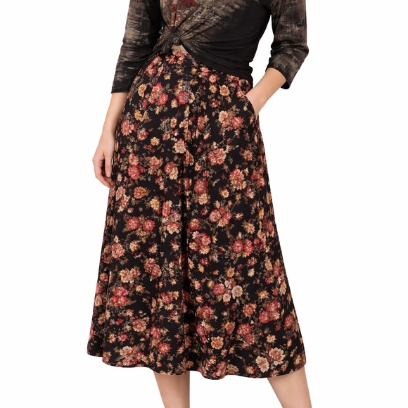 Cotton Ginny Dresses & Skirts - Vintage Cotton Ginny Floral Maxi Skirt Black Pink Midi Cottagecore Button Front